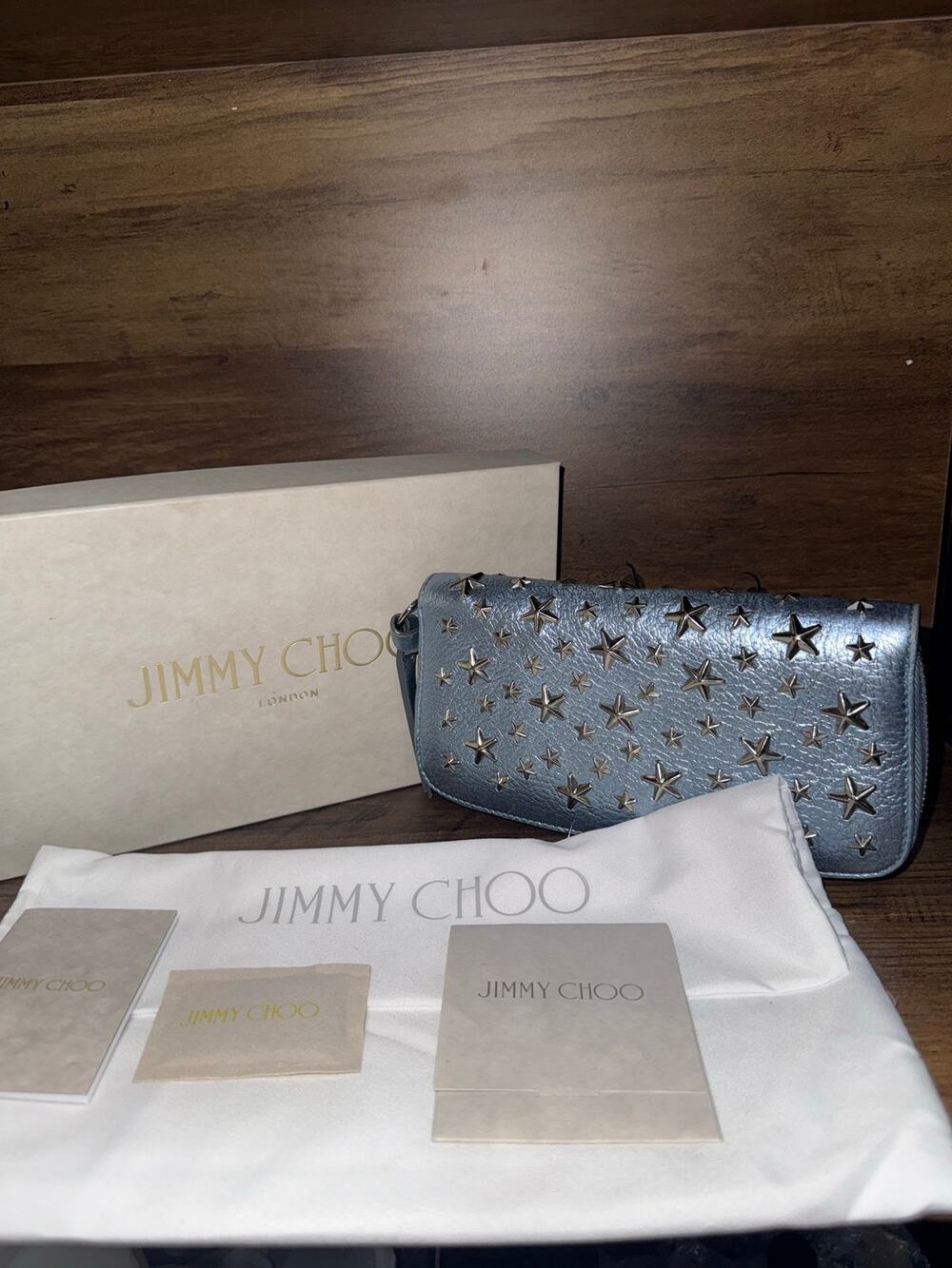 Jimmy Choo Filipa Star Studded Continental Wallet Metallic Blue box and dust bag